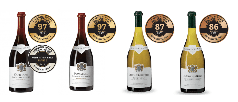 (From Left to Right: 2023 Corton Grand Cru Les Maréchaudes; 2023 Pommard 1er Cru Clos des Epenots; 2023 Meursault 1er Cru Perrières; 2023 Meursault 1er cru Les Charmes Dessus)