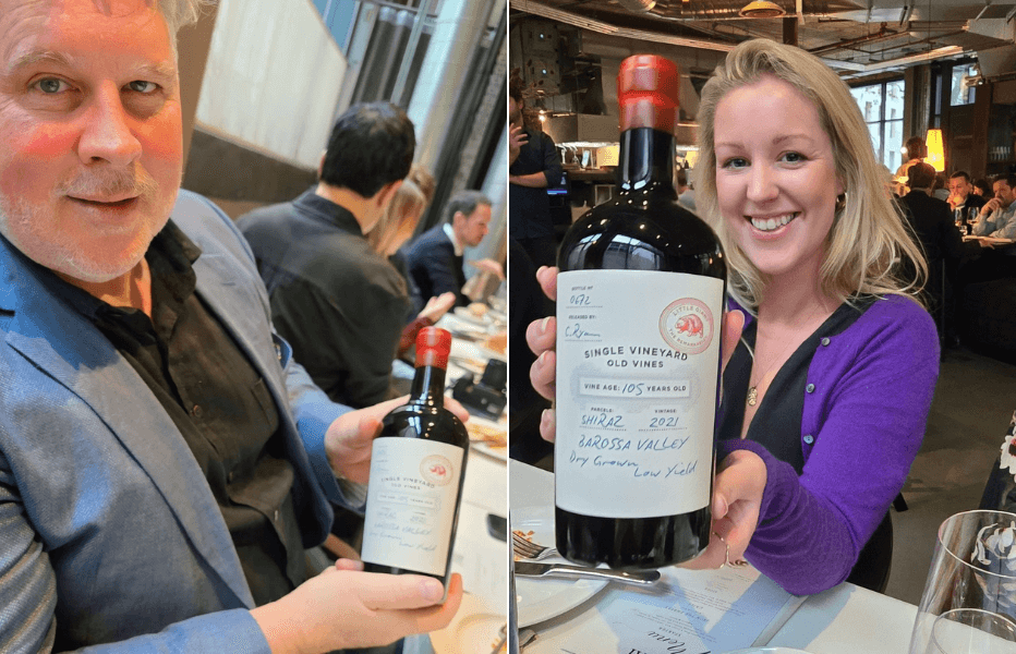 (Left) Winemaker Corey Ryan holding Little Giant The Remarkables 105 y.o. Celebrating its UK launch at Sainsbury's.